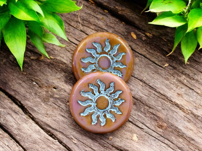 *2* 21mm Turquoise Washed Pink Silk Picasso Sun Design Coin Beads