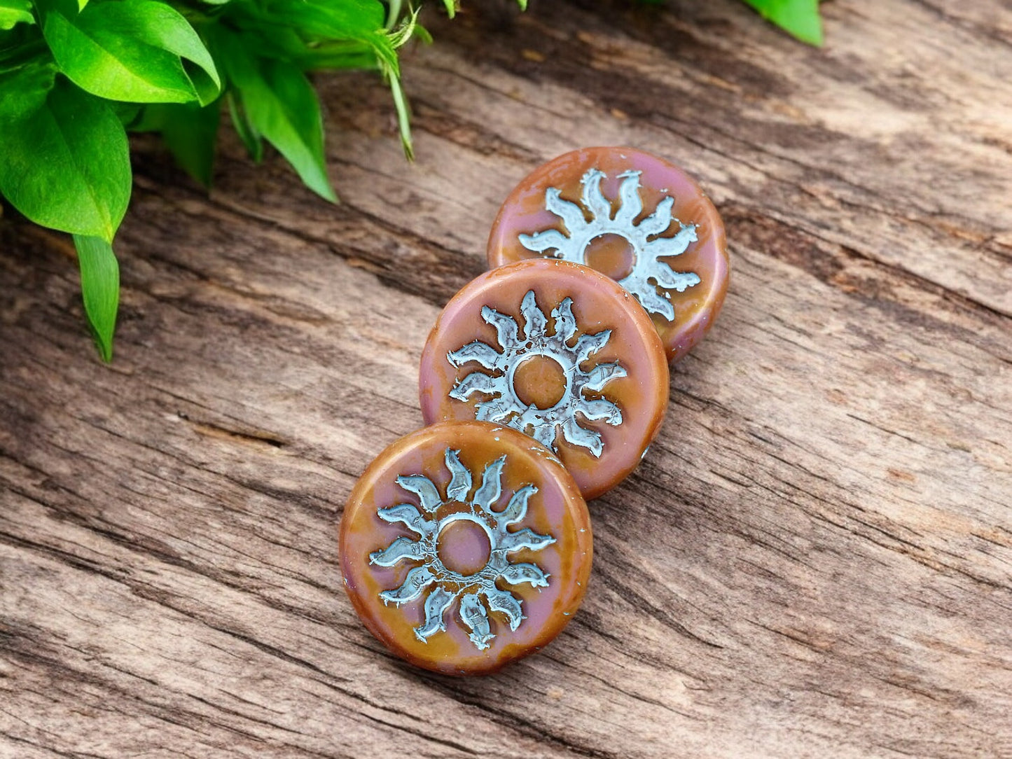 *2* 21mm Turquoise Washed Pink Silk Picasso Sun Design Coin Beads