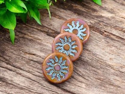 *2* 21mm Turquoise Washed Pink Silk Picasso Sun Design Coin Beads