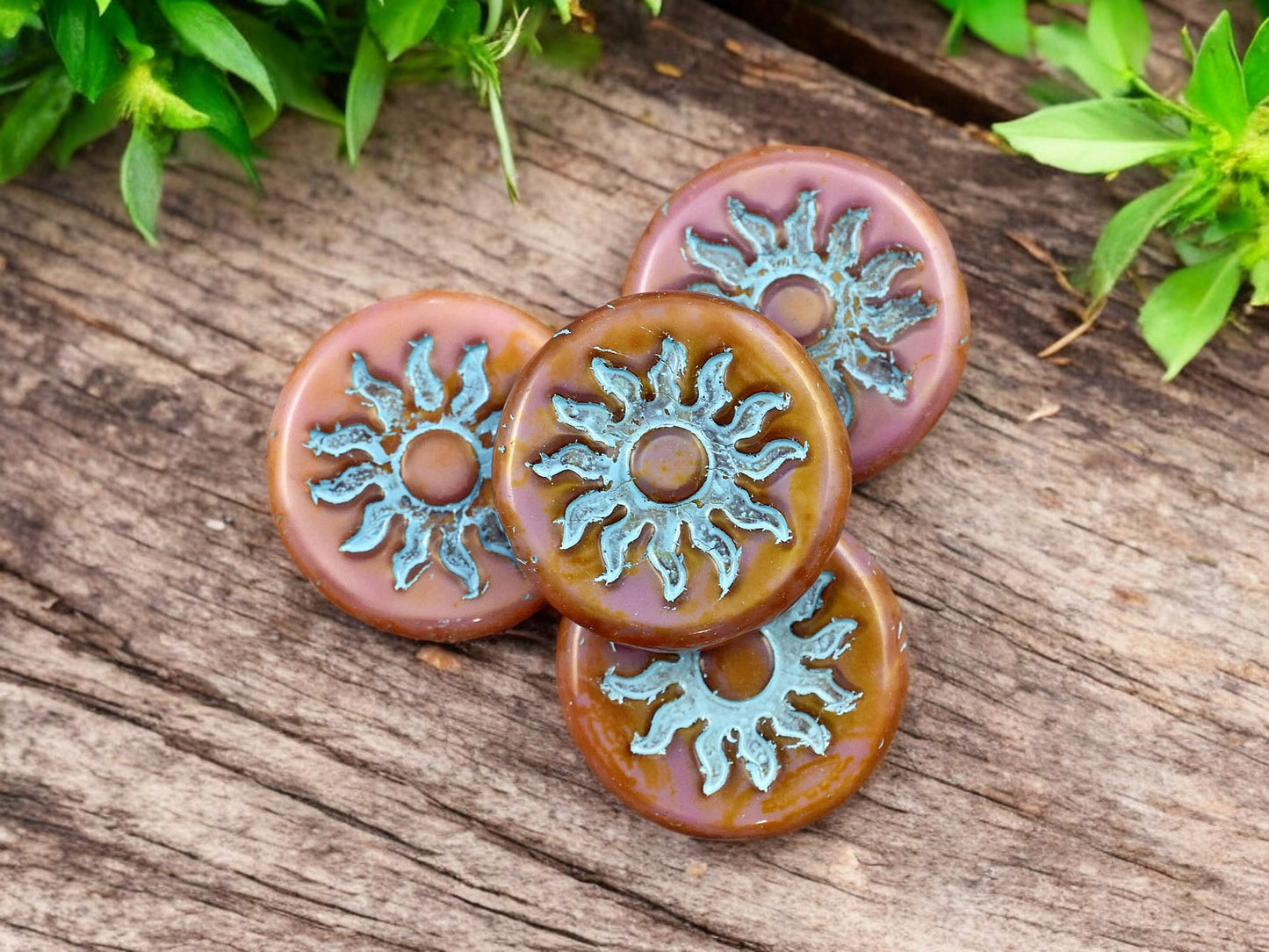 *2* 21mm Turquoise Washed Pink Silk Picasso Sun Design Coin Beads