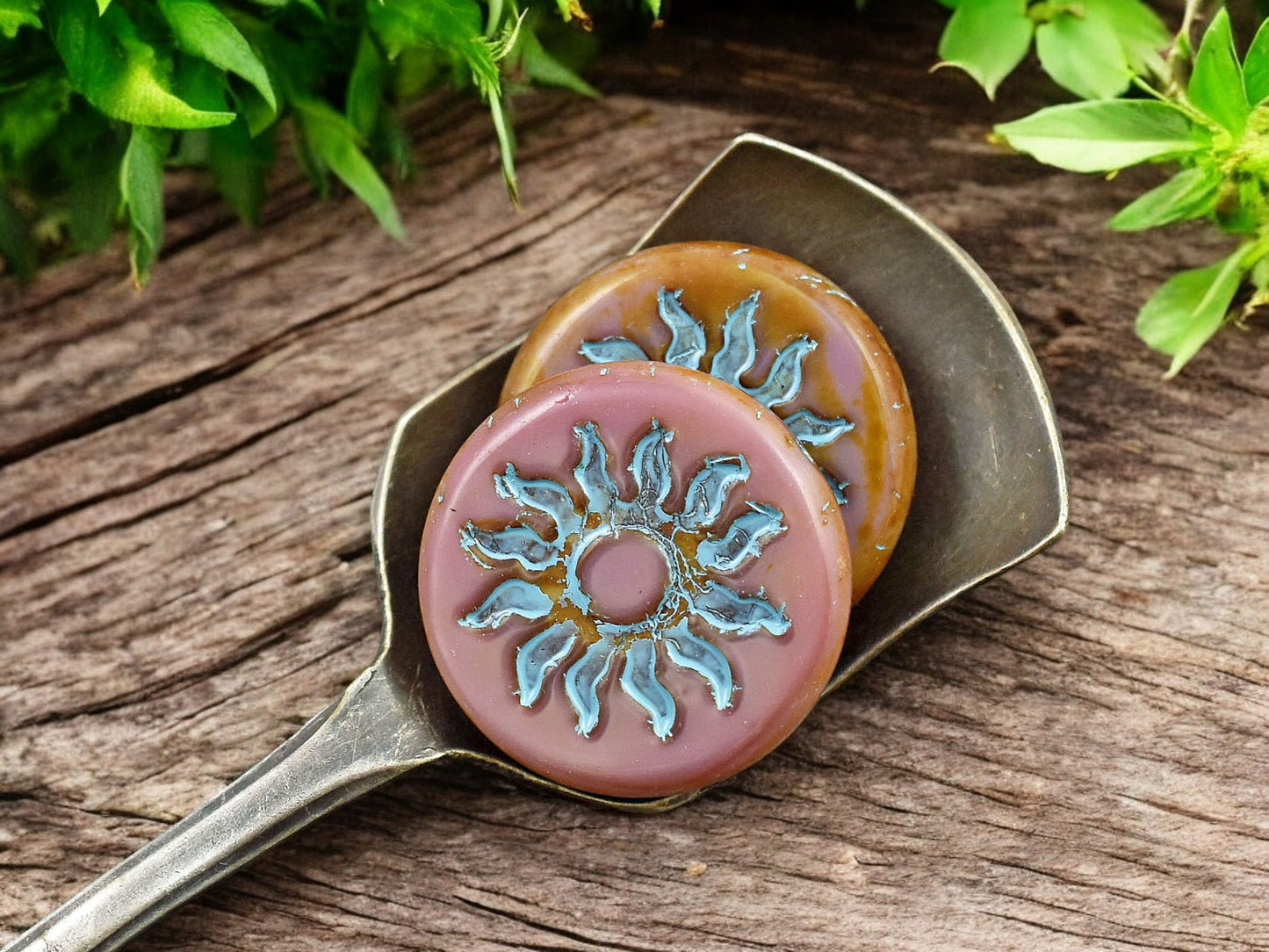 *2* 21mm Turquoise Washed Pink Silk Picasso Sun Design Coin Beads