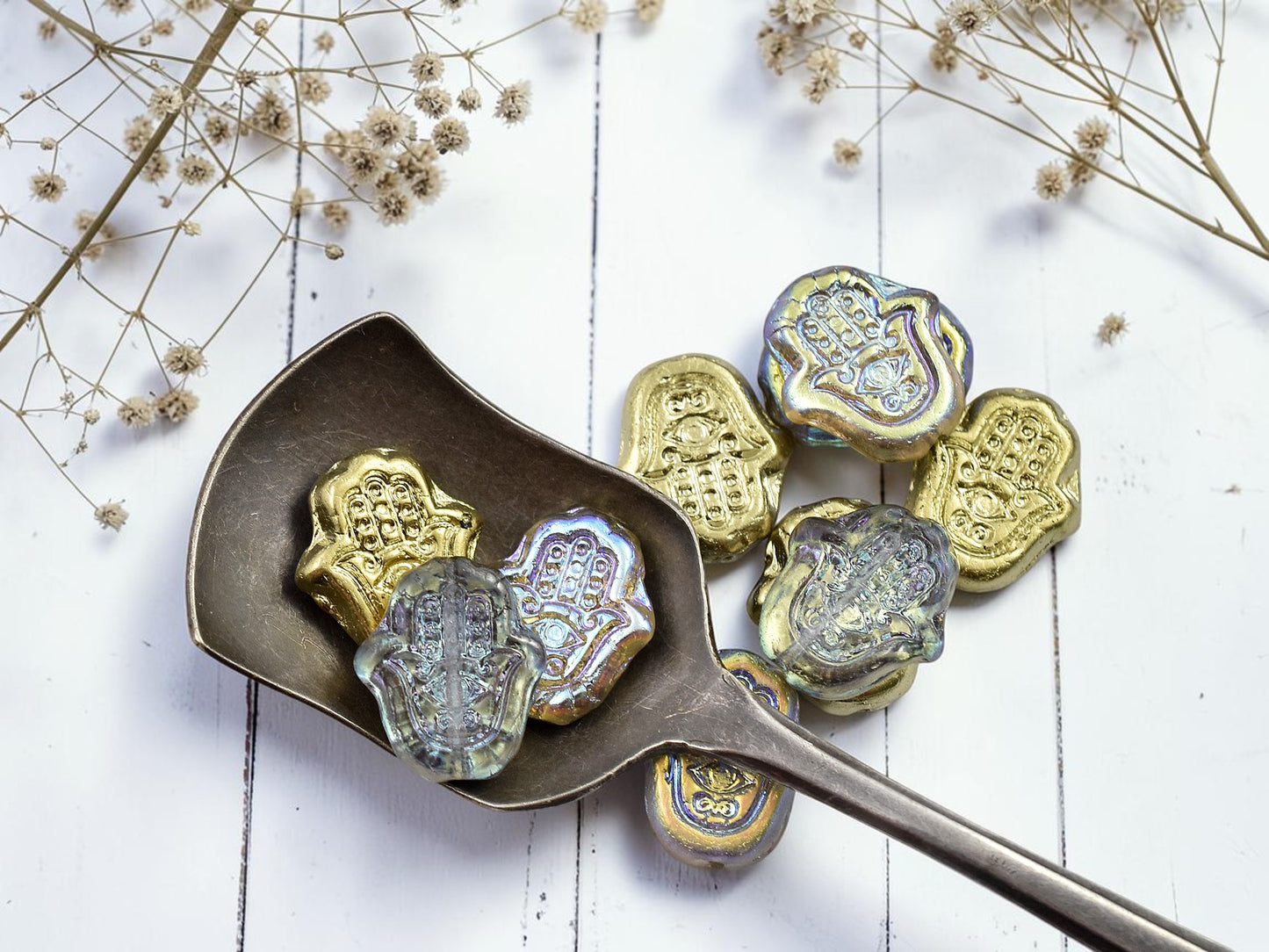 *10* 15x10mm Gold Lustered Washed Crystal Hamsa Hand Beads