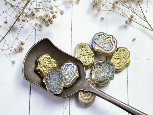 *10* 15x10mm Gold Lustered Washed Crystal Hamsa Hand Beads