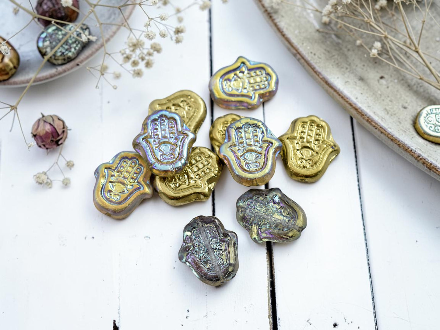*10* 15x10mm Gold Lustered Washed Crystal Hamsa Hand Beads