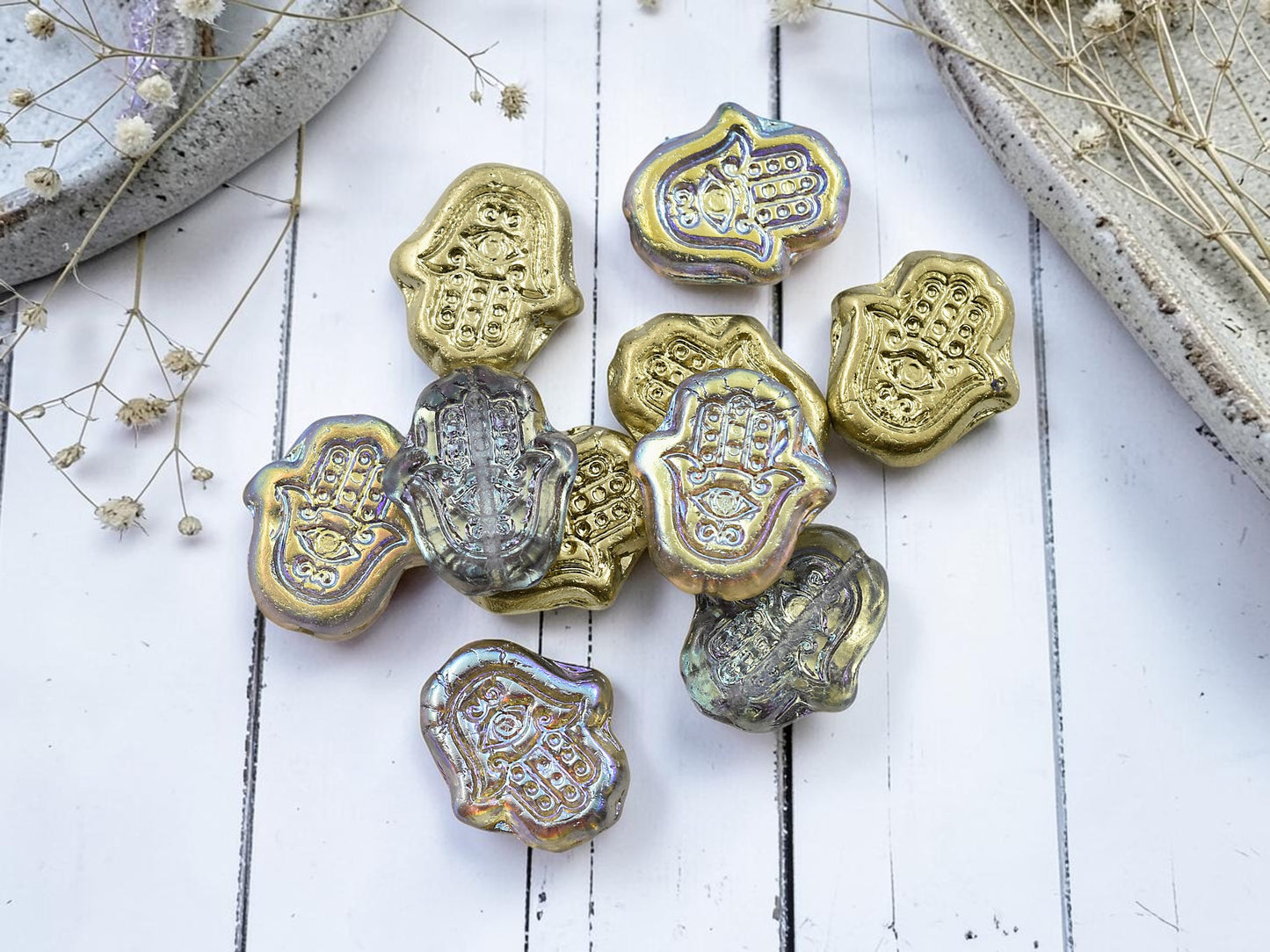*10* 15x10mm Gold Lustered Washed Crystal Hamsa Hand Beads