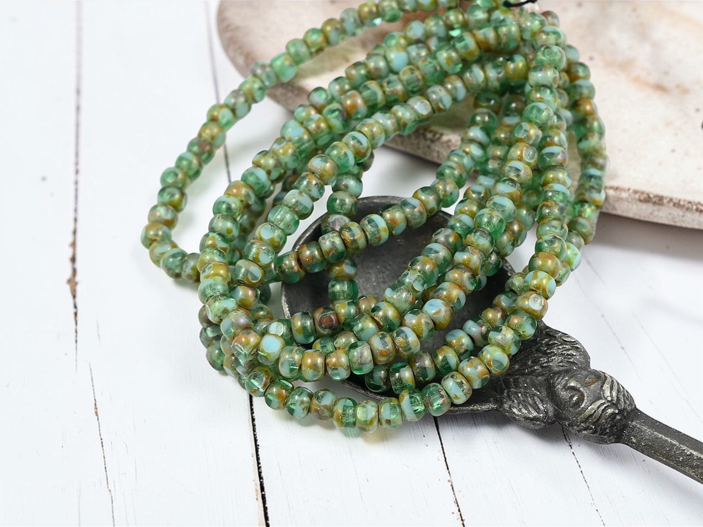 *50* 4x3mm Emerald Turquoise Picasso Trica Beads