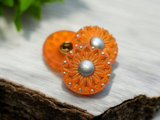 18mm Collarette Flower Button Matte Orange with Grey Accents - Czech Glass Buttons