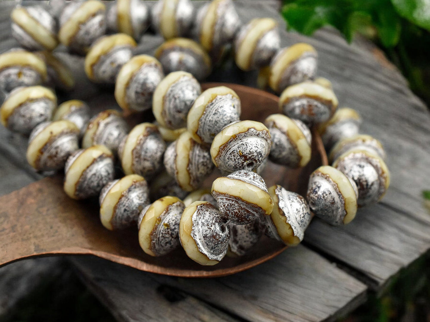 *15* 8x10mm Silver Picasso Washed Opaque Beige Saturn Beads