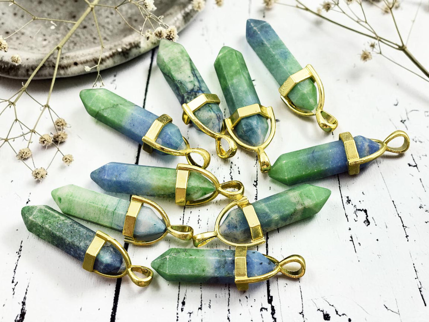 40mm Gold Tone Natural Dyed Calcite Double Terminated Bullet Pendant
