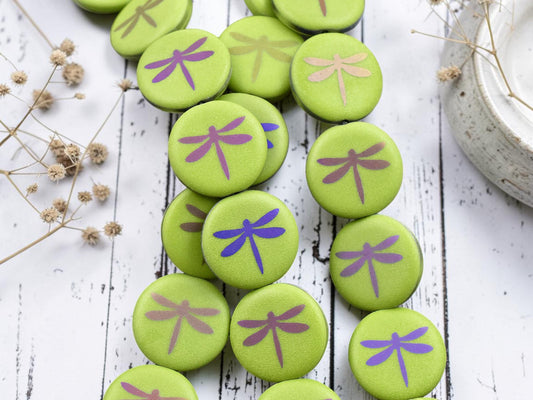 *8* 16mm Matte Satin Olive Green Metallic Iris Dragonfly Coin Beads