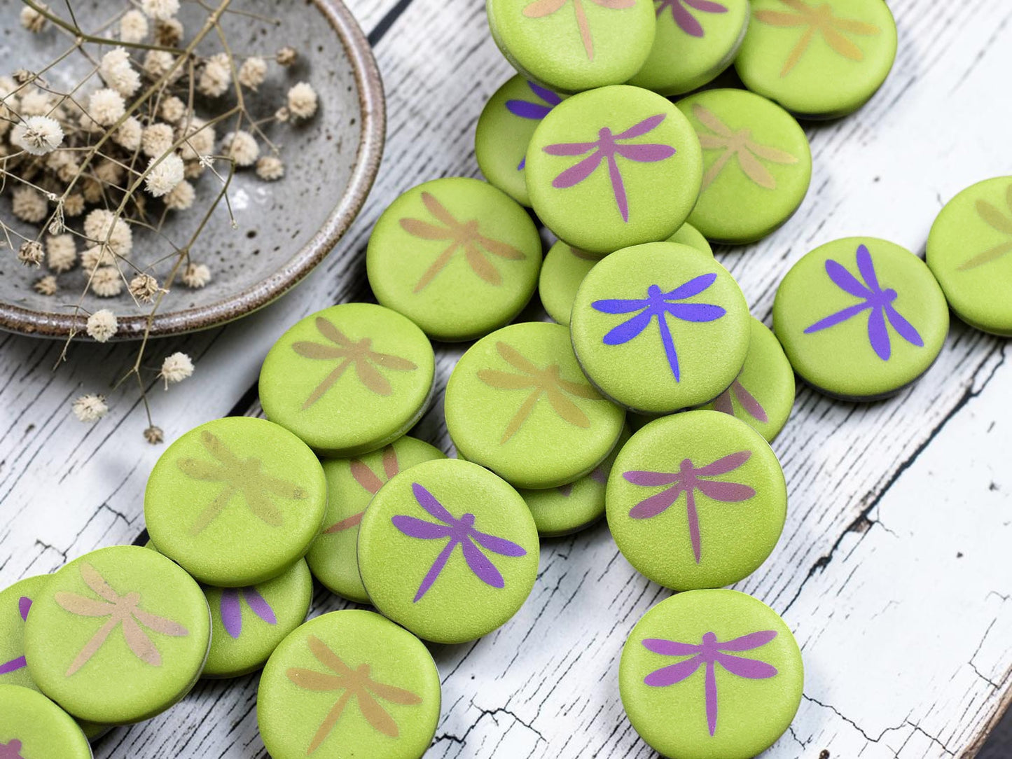 *8* 16mm Matte Satin Olive Green Metallic Iris Dragonfly Coin Beads