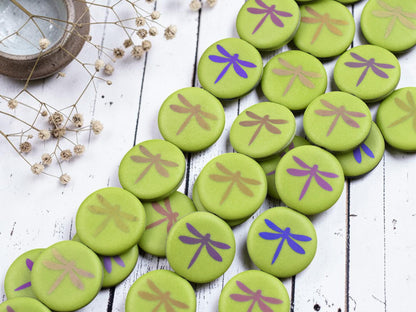 *8* 16mm Matte Satin Olive Green Metallic Iris Dragonfly Coin Beads