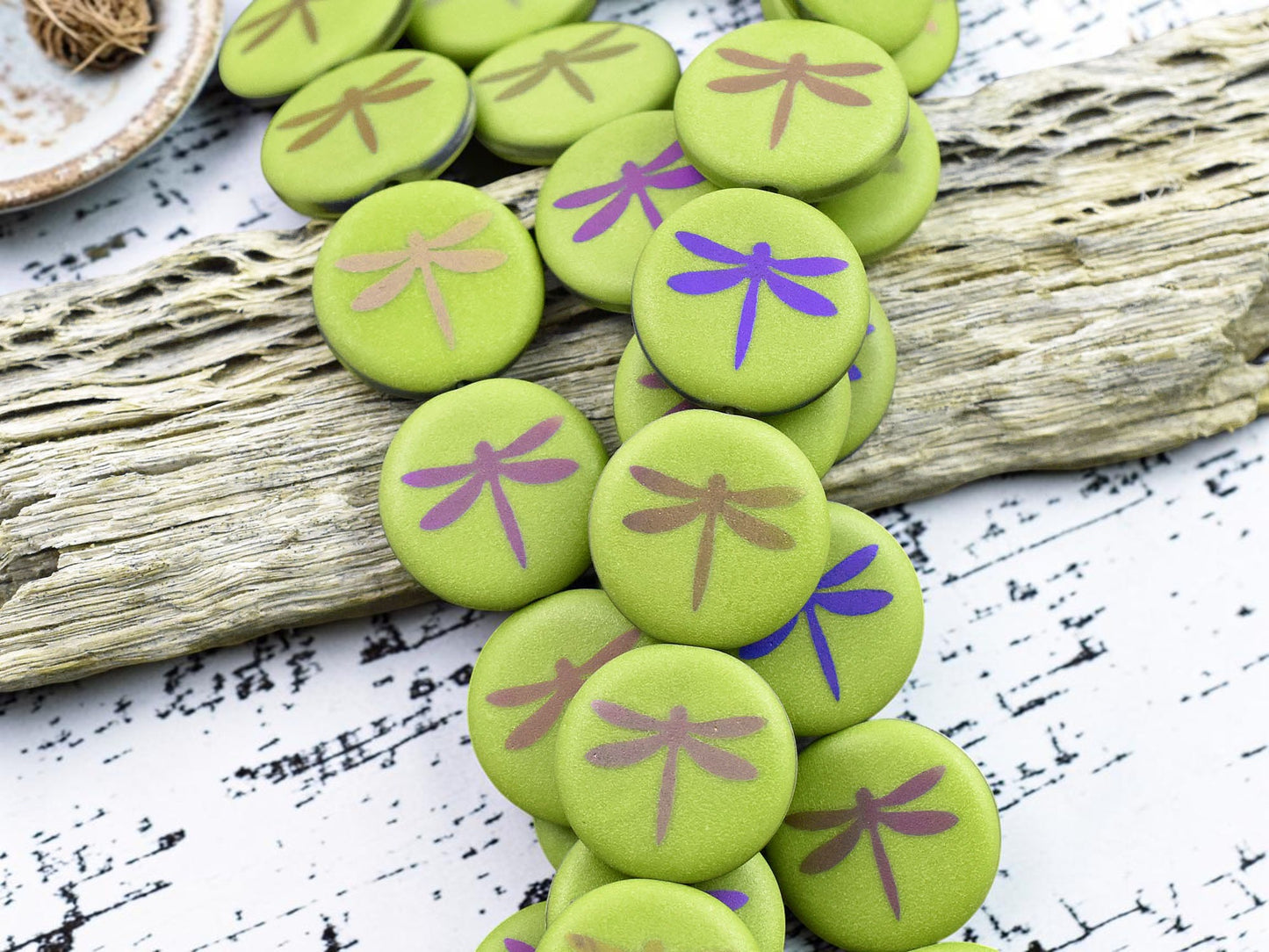 *8* 16mm Matte Satin Olive Green Metallic Iris Dragonfly Coin Beads
