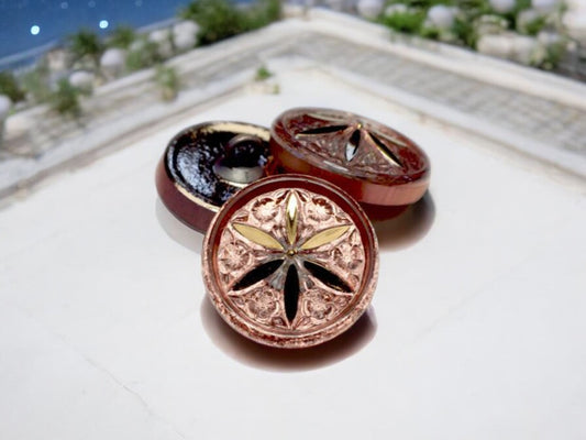 18mm Star Flower Button Peach with a Gold Star - Czech Glass Buttons