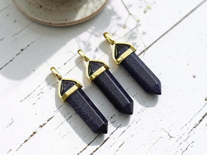 40mm Gold Tone Natural Blue Goldstone Double Terminated Bullet Pendant