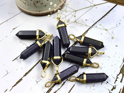 40mm Gold Tone Natural Blue Goldstone Double Terminated Bullet Pendant