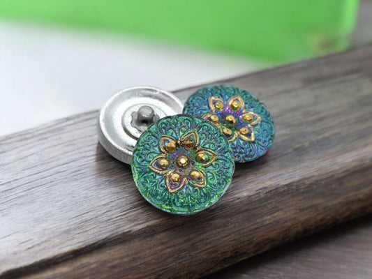 18mm Arabian Star Button Vitrail Green with a Blue Wash and Gold Accents - Czech Glass Buttons