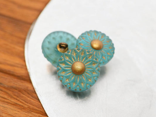 18mm Collarette Flower Button Matte Blue Green with Gold Accents - Czech Glass Buttons