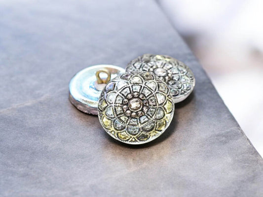 18mm Mandala Button Transparent Glass with a Black Wash, AB Finish, and Silver Accents - Czech Glass Buttons