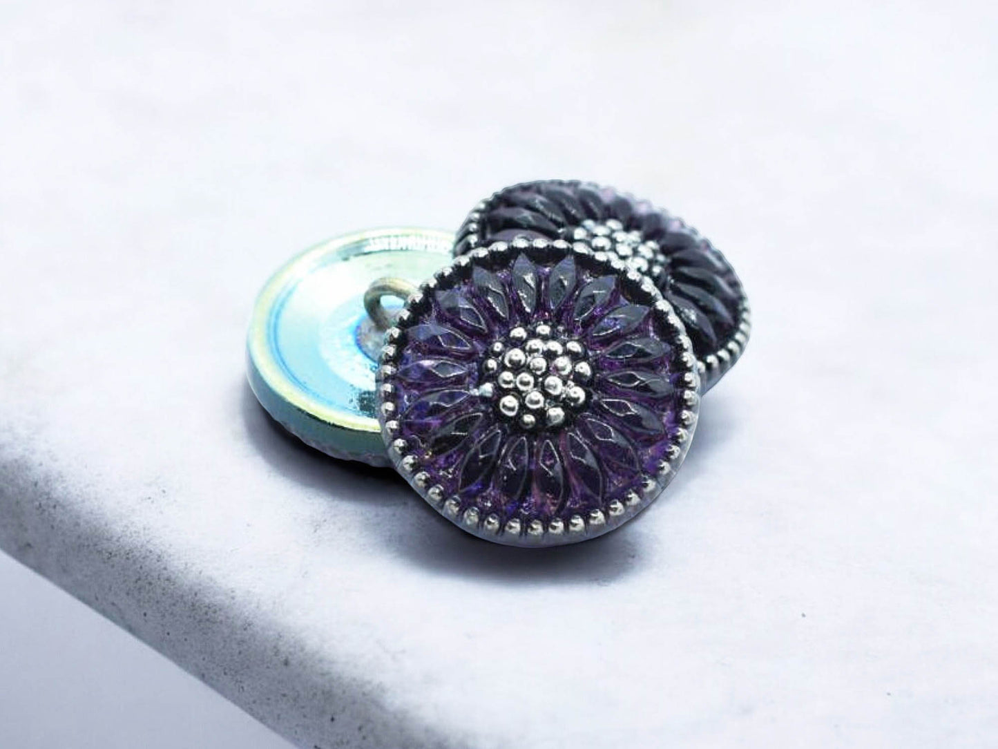 18mm Daisy Button Plum with Silver Accents and AB Finish - Czech Glass Buttons