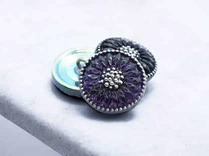 18mm Daisy Button Plum with Silver Accents and AB Finish - Czech Glass Buttons