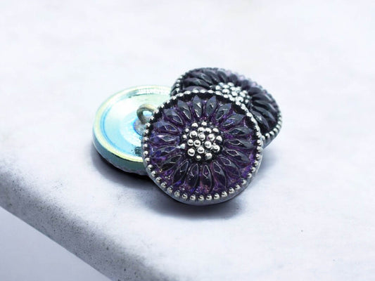 18mm Daisy Button Plum with Silver Accents and AB Finish - Czech Glass Buttons
