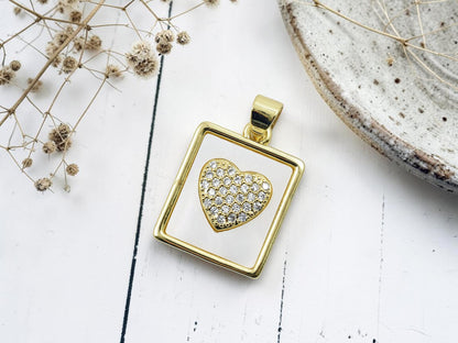 20x16mm 18k Gold Plated Brass Micro Pave Cubic Zirconia Square Shell Heart Pendant