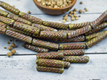 *11* 18x4mm Antiqued Chartreuse Picasso Basket Weave Tube Beads