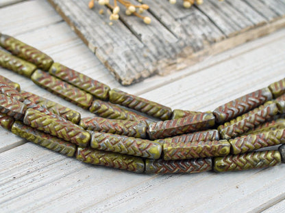 *11* 18x4mm Antiqued Chartreuse Picasso Basket Weave Tube Beads