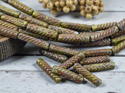 *11* 18x4mm Antiqued Chartreuse Picasso Basket Weave Tube Beads