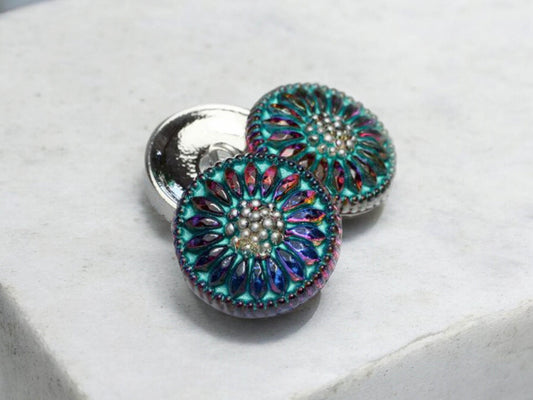 18mm Daisy Button Volcano with a Turquoise Wash and Silver Accents - Czech Glass Buttons