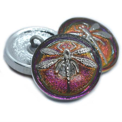 18mm Dragonfly Button Volcano with a Silver Dragonfly - Czech Glass Buttons