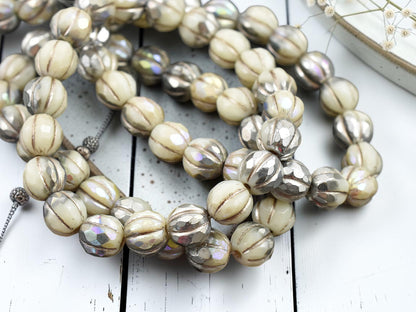 *20* 8mm Silver Washed Ivory AB Faceted Round Melon Beads