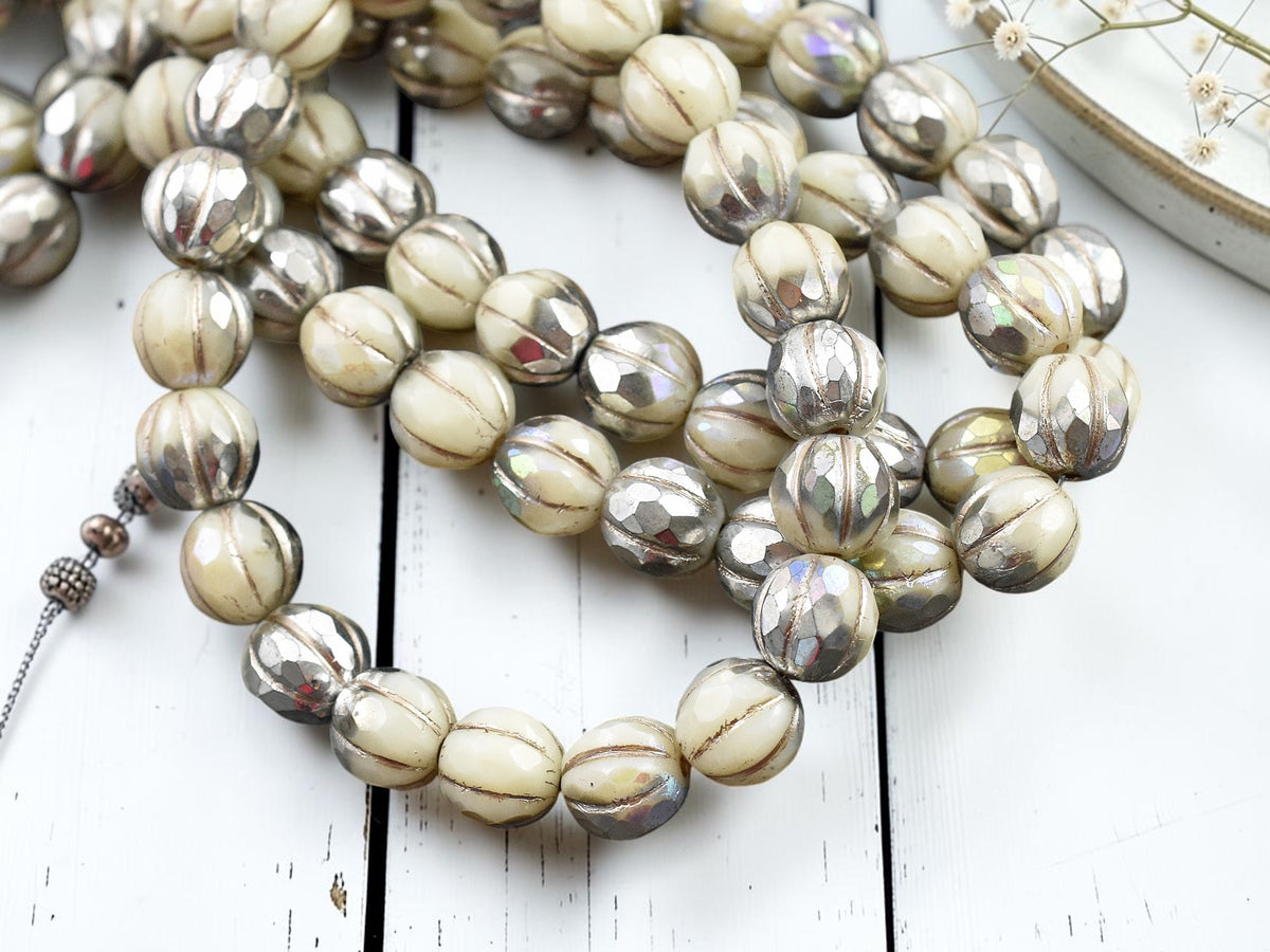 *20* 8mm Silver Washed Ivory AB Faceted Round Melon Beads