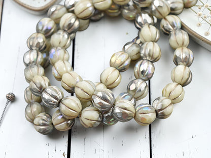 *20* 8mm Silver Washed Ivory AB Faceted Round Melon Beads