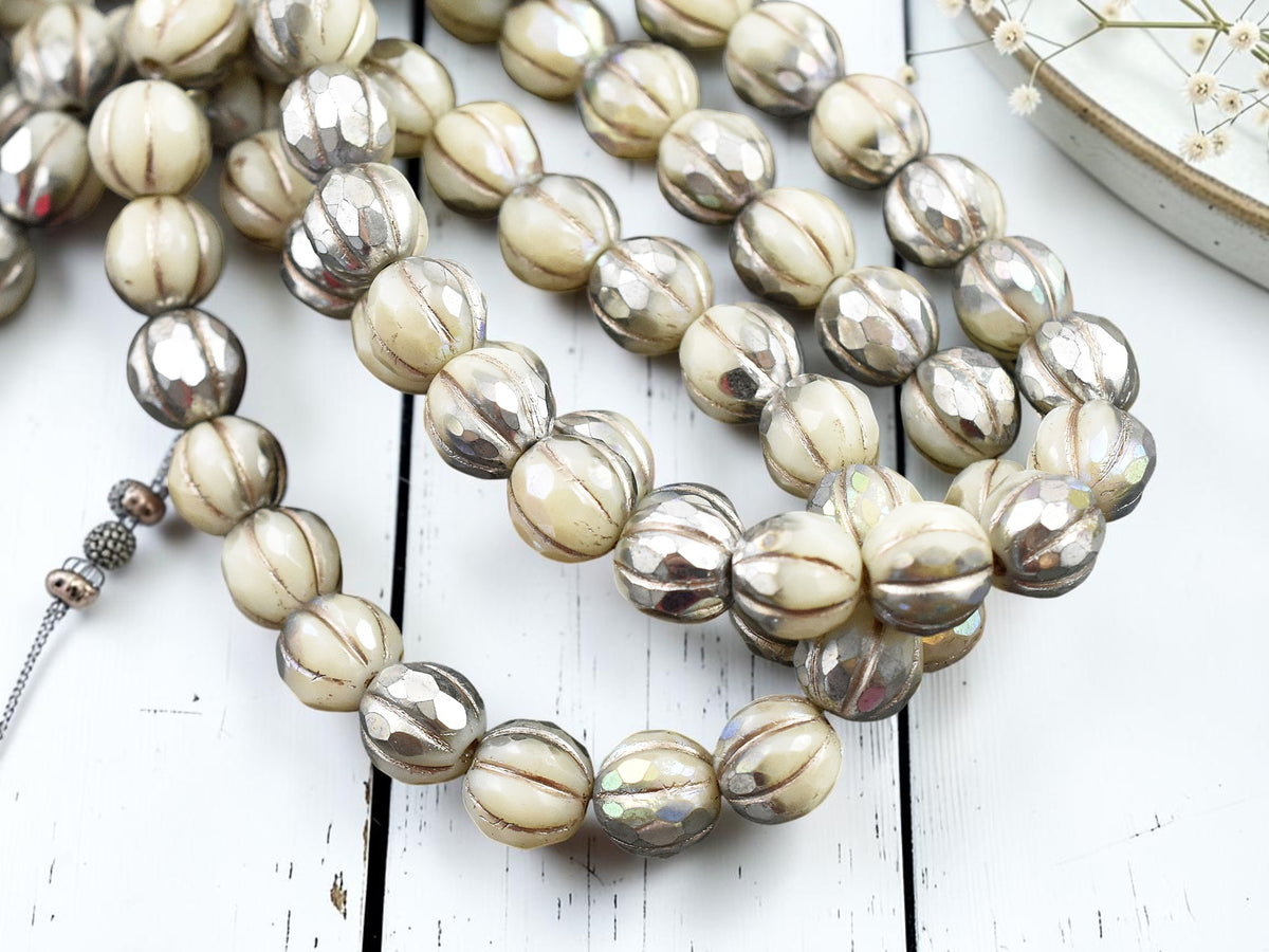 *20* 8mm Silver Washed Ivory AB Faceted Round Melon Beads