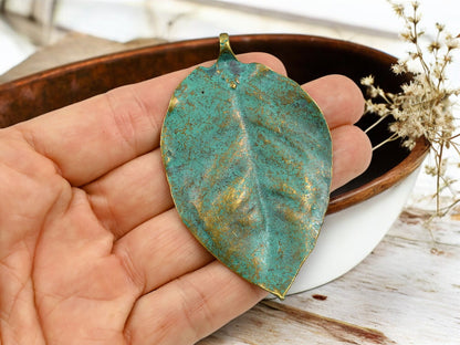 77x46mm Bronze green Patina Leaf Pendant