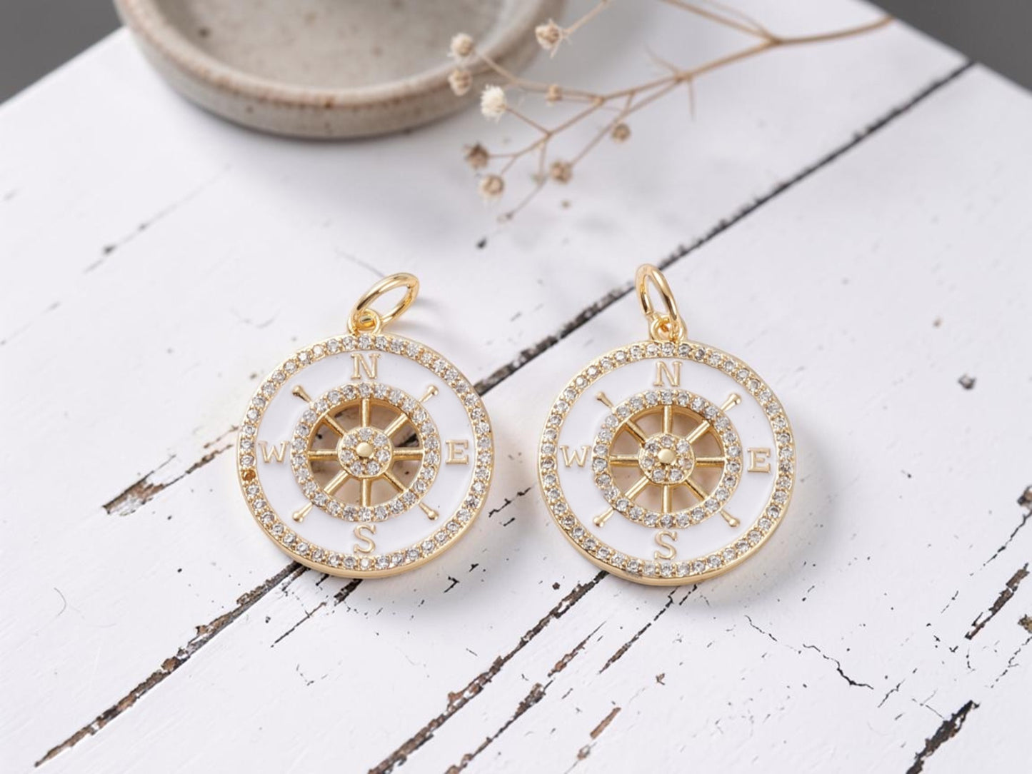 22x20mm 18k Gold Plated Brass Micro Pave Cubic Zirconia w/Enamel Compass Charm