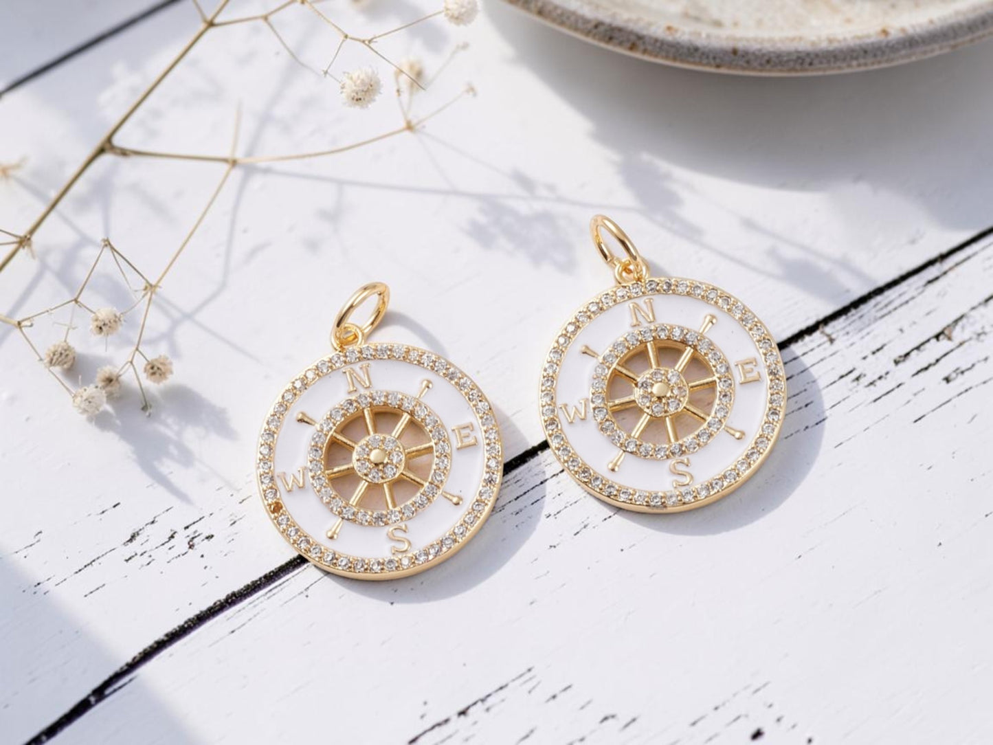 22x20mm 18k Gold Plated Brass Micro Pave Cubic Zirconia w/Enamel Compass Charm
