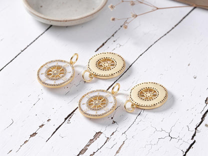 22x20mm 18k Gold Plated Brass Micro Pave Cubic Zirconia w/Enamel Compass Charm