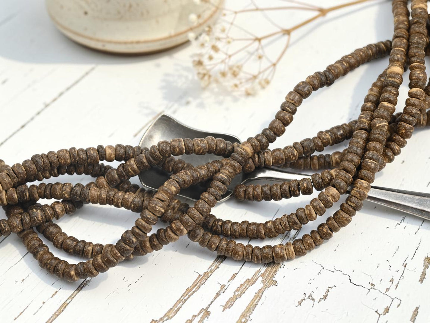 5x2~5mm Natural Coconut Shell Heishi Beads (15" Strand)