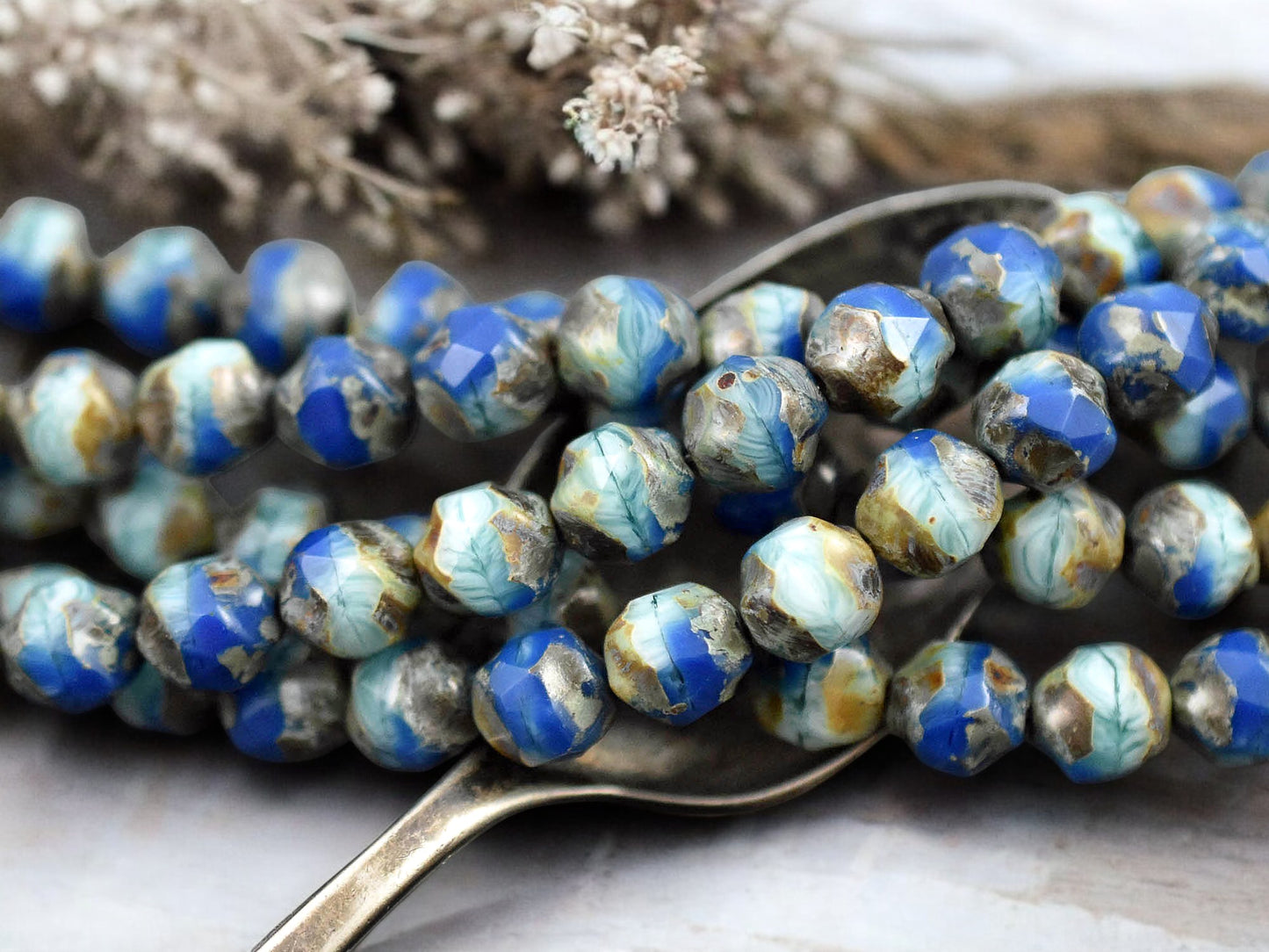 *15* 8mm Cobalt Turquoise Picasso Central Cut Round Beads