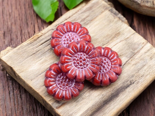 *12* 13mm Metallic Pink Washed Opaque Coral Red Sunflower Coin Beads