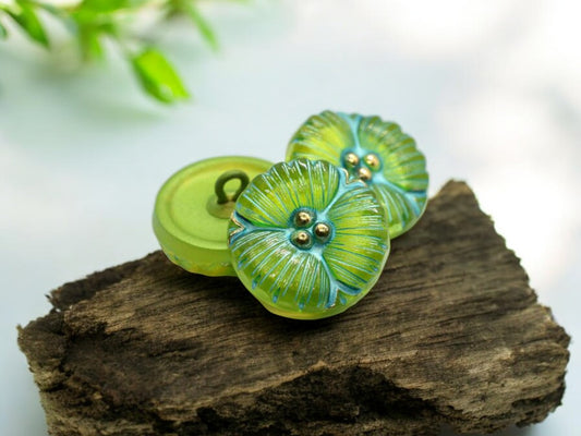 18mm Flower Button Green Apple with a Sea Green Wash and Gold Accents - Czech Glass Buttons