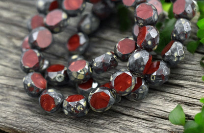 *15* 8mm Lady Bug Red Picasso 2 Cut Faceted Round Beads