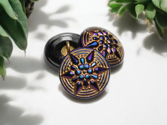 18mm Star Button Indigo with a Gold Wash - Czech Glass Buttons