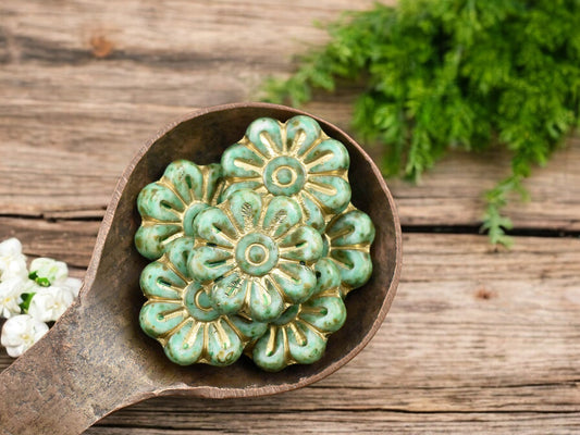 *6* 18mm Bronze Washed Green Turquoise Picasso Daisy Flower Beads
