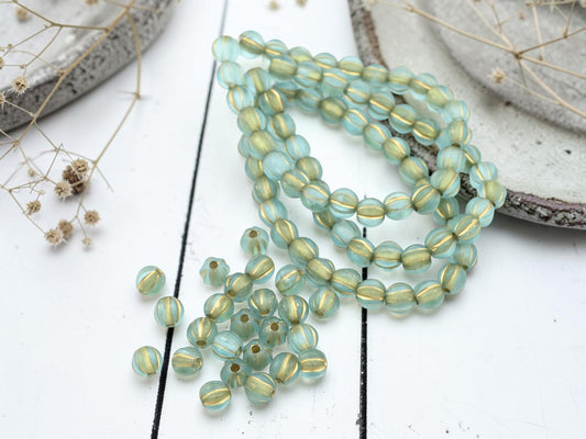 *25* 6mm Gold Washed Matte Blue Aqua Large Hole Melon Beads