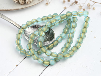 *25* 6mm Gold Washed Matte Blue Aqua Large Hole Melon Beads