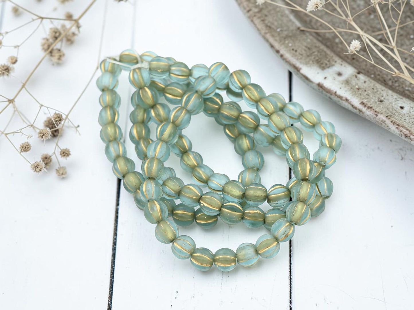 *25* 6mm Gold Washed Matte Blue Aqua Large Hole Melon Beads